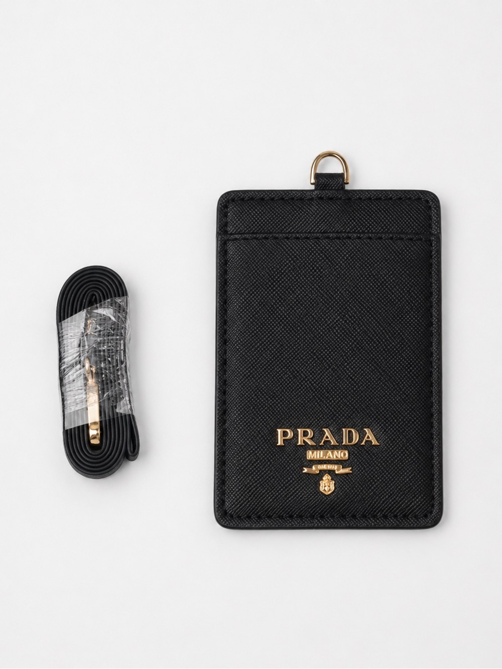 Prada Black & Gold Saffiano Leather Card Holder with Strap